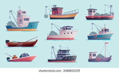 Barcos de pesca. Transporte marítimo para pescadores Vector exacto conjunto de ilustraciones de producción de mariscos