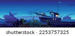 Fishing boats at pier in lake, river or sea harbor. Summer night landscape with dock with boardwalk, wooden boat and fishery ship, stones in water, dark sky with stars, vector cartoon illustration