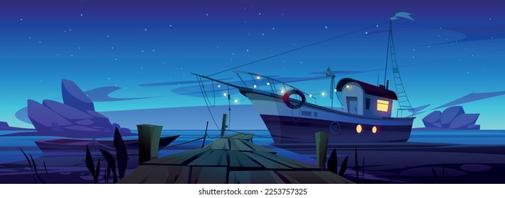 Fishing boats at pier in lake, river or sea harbor. Summer night landscape with dock with boardwalk, wooden boat and fishery ship, stones in water, dark sky with stars, vector cartoon illustration