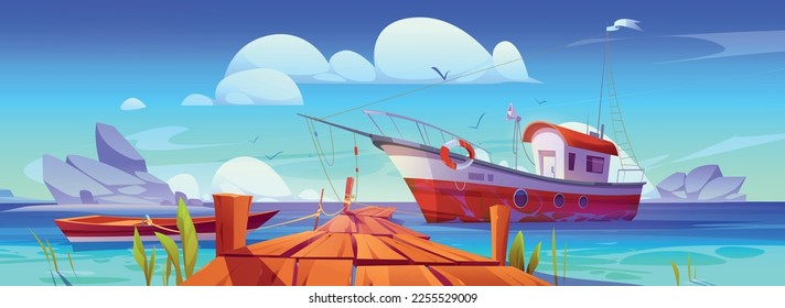 Fishing boats at pier in lake, river or sea harbor. Summer landscape with dock with boardwalk, wooden boat and fishery ship and stones in water, vector cartoon illustration