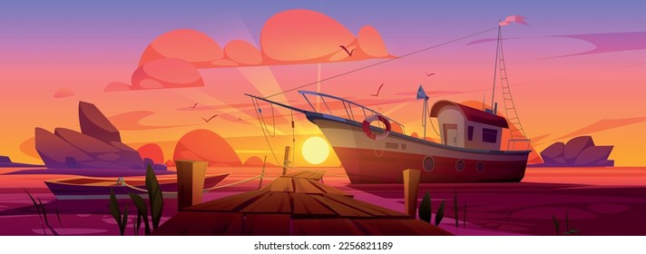 Fishing boats at pier in lake, river or sea harbor. Summer sunset landscape with dock with boardwalk, wooden boat and fishery ship, stones in water, pink sky with clouds, vector cartoon illustration