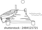 Fishing boats and boats at the pier on the shore.Continuous line drawing. Illustration, vector