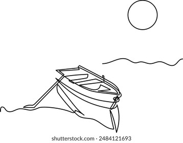 Fishing boats and boats at the pier on the shore.Continuous line drawing. Illustration, vector