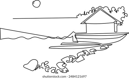 Fishing boats and boats at the pier on the shore.Continuous line drawing. Illustration, vector