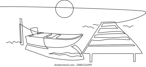 Barcos de pesca y barcos en el muelle en la orilla. Dibujo de línea continua. Ilustración, Vector