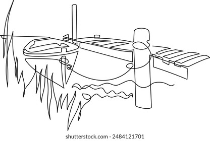 Barcos de pesca y barcos en el muelle en la orilla. Dibujo de línea continua. Ilustración, Vector