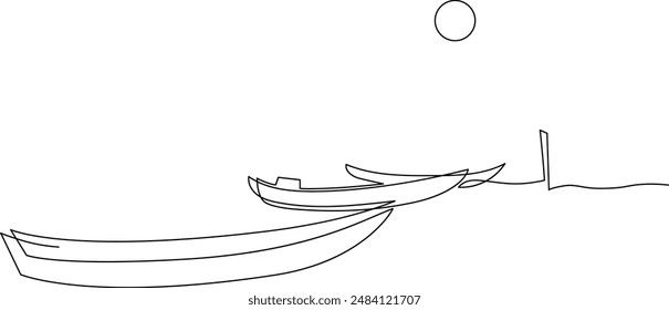 Fishing boats and boats at the pier on the shore.Continuous line drawing. Illustration, vector