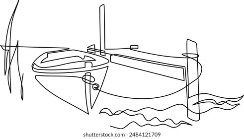 Fishing boats and boats at the pier on the shore.Continuous line drawing. Illustration, vector