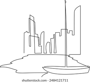 Fishing boats and boats at the pier on the shore.Continuous line drawing. Illustration, vector