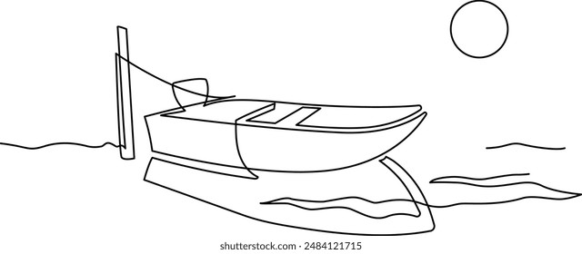 Barcos de pesca y barcos en el muelle en la orilla. Dibujo de línea continua. Ilustración, Vector