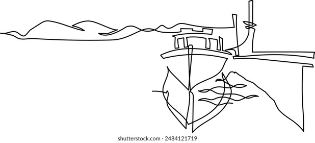 Fishing boats and boats at the pier on the shore.Continuous line drawing. Illustration, vector