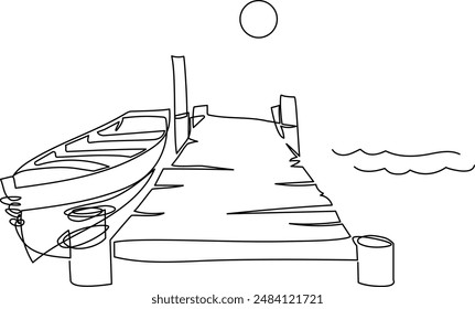 Barcos de pesca y barcos en el muelle en la orilla. Dibujo de línea continua. Ilustración, Vector