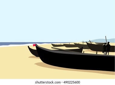 Fishing Boats at Seashore - Vector