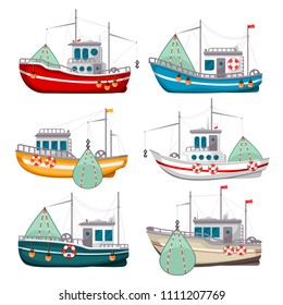 Fishing boats set. Boat collection used in catching fish in sea or ocean for food. Vector flat style cartoon illustration isolated on white background