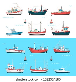 Fishing boats set. Fishing boats with side view and blue sea background with buoys.