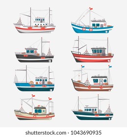 Fishing boats side view isolated set  Commercial fishing trawlers for industrial seafood production vector illustration in flat style  Vintage marine ships  sea ocean transportation collection 