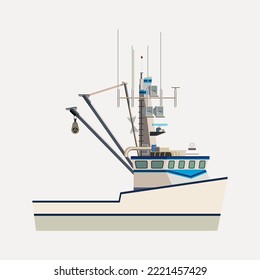 Las vistas laterales de los barcos pesqueros están aisladas. Redes de pesca comercial para la producción industrial de vectores de mariscos en estilo plano. Barcos marinos de época, recogida de transporte marítimo o marítimo.