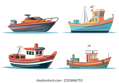 Fishing boats side view isolated set. Commercial fishing trawlers for industrial seafood production vector illustration in flat style. Vintage marine ships, sea or ocean transportation collection.