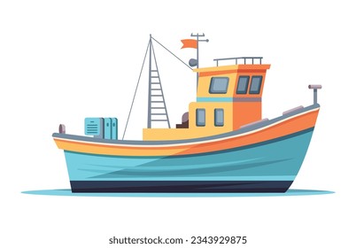 Fishing boats side view isolated set. Commercial fishing trawlers for industrial seafood production vector illustration in flat style. Vintage marine ships, sea or ocean transportation collection.