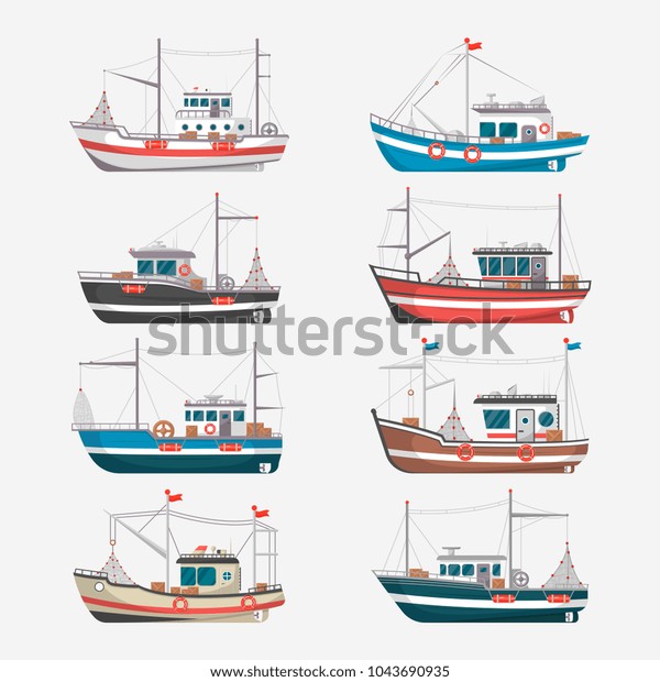 漁船の側面図セット 工業用海産物の商業用トロール漁師のベクターイラストを平らにしたもの ビンテージ海洋船 海洋輸送コレクション のベクター画像素材 ロイヤリティフリー