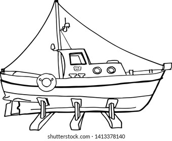 Fishing boats side view. Vector illustration in cartoon style. Vintage marine ships, sea or ocean transportation collection.