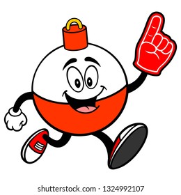 Fishing Bobber Mascot running with a Foam Finger - A vector cartoon illustration of a red and white Fishing Bobber mascot running with a Foam Hand.