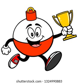 Fishing Bobber Mascot running with a Trophy - A vector cartoon illustration of a red and white Fishing Bobber mascot running with a Trophy.