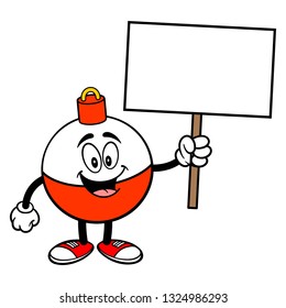 Fishing Bobber Mascot with a Sign - A vector cartoon illustration of a red and white Fishing Bobber mascot holding a blank Sign.