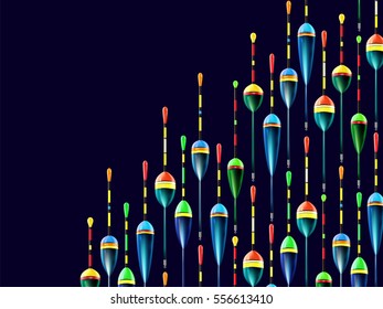 Fishing bobbers background. Floats for catching salmon, tuna, pike, perch, marlin, bass, trout or tarpon. Sea and ocean fishing vector wallpaper for web or printed products.