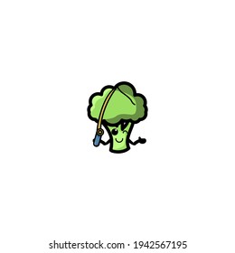 Fishing Broccoli Cartoon Character Design Vector Illustration Mascot. Cute, Happy, And Fun Style. Recommended For Vegetable Shop Logo.