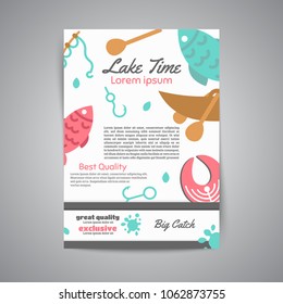 Fishing brochure. Lake time text. Banners with quotes about fishing. Flat fish icons, with net or rod. Salmon steak and boat, fisher tackles, baits Vector