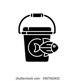 Fishing bucket black glyph icon. Basic fishing equipment. Trophy catching. Live fish storage. Fishing with live bait. Silhouette symbol on white space. Vector isolated illustration