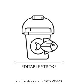 Fishing bucket linear icon. Basic fishing equipment. Trophy catching. Live fish storage. Thin line customizable illustration. Contour symbol. Vector isolated outline drawing. Editable stroke