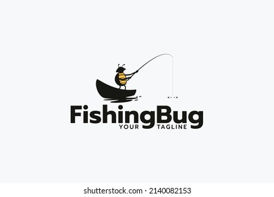 fishing bug logo with a cute bug fishing on a boat.