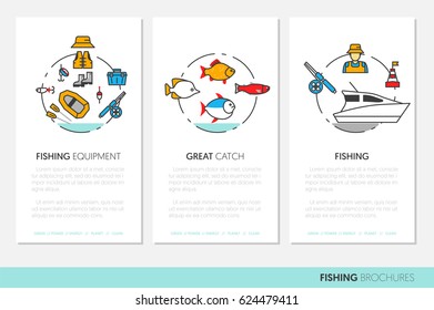 Fishing Business Brochure Template with Linear Thin Line Vector Icons
