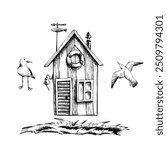 Fishing cabin, house, hut with seagull and grass. Graphic line art, hand drawn in black and white monochrome. Nautical marine clip art, set of isolated elements