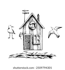 Cabana de pesca, casa, cabana com gaivota e grama. Arte de linhas gráficas, desenhada à mão em preto e branco monocromático. clip-art náutico marinho, conjunto de elementos isolados