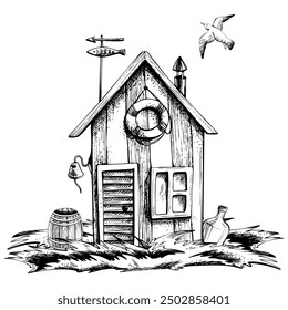 Fishing cabin, house, hut with wooden barrel and bottle of rum on grass, on the shore and flying seagull. Graphic line art hand drawn in black and white monochrome. Marine composition.