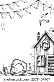 Fishing cabin with lifebuoy and float, seagulls and garlands of flags. Graphic illustration on nautical theme hand drawn line art in black and white monochrome. Vertical rectangular frame template