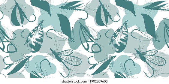 Pesca y camuflaje.
Moscas para la pesca con mosca. Patrón sin foco con anzuelos de pesca. Antecedentes con aparejos de pesca. Ilustración del material vector dibujado a mano.