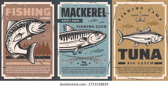 Fishing camp club and fisher equipment store vector vintage retro posters. Fishing rods and lures hooks for river pike, ocean tuna and sea mackerel big fish catch