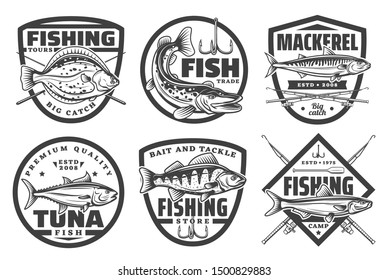 Fishing camp club, fisherman fish catch tours and tackles equipment store icons. Vector sea and ocean fishing trips, baits and rods for flounder, mackerel or pike and tuna fish catch on rod hook