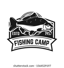 Fishing camp. Emblem template with carp fish. Design element for logo, label, sign, poster. Vector illustration