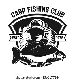 Fishing camp. Emblem template with carp fish. Design element for logo, label, sign, poster. Vector illustration