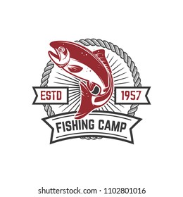Fishing camp. Emblem template with salmon fish. Design element for logo, label,  sign. Vector image