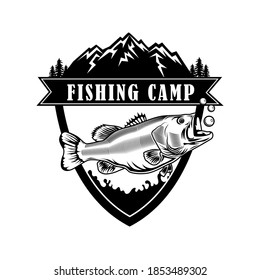Fishing camp emblem, vector illustration. Fish, mountain landscape and text on ribbon. Fishing or sport concept for club or community emblems and badges templates