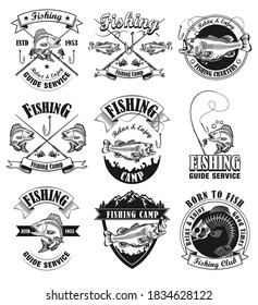 Fishing camp emblems set. Fishers club monochrome labels with fish and tackles. Isolated vector illustrations for sport, adventure, expedition, outdoor activity concept