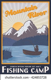 Fishing camp near mountain river poster with man on boat at sunrise or sunset vector illustration