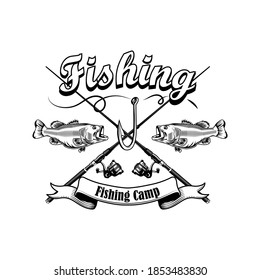 Fishing camp sign vector illustration. Fish, crossed tackles, hooks and text on ribbon. Fishing concept for camp emblems and labels templates