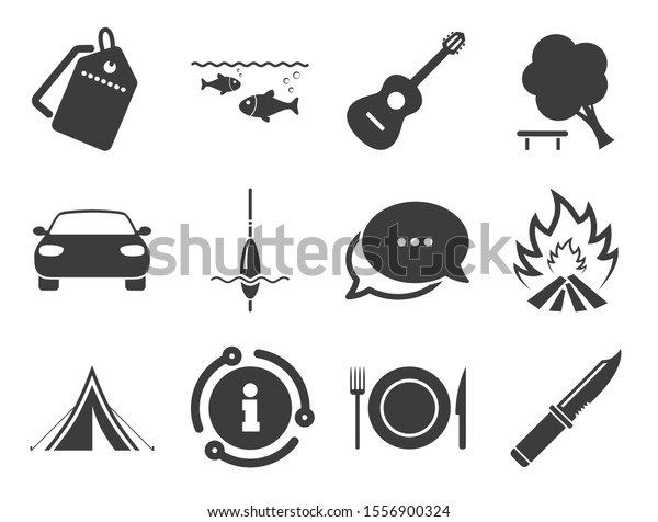 Fishing,\
campfire and tourist tent signs. Discount offer tag, chat, info\
icon. Hike trip, camping icons. Guitar music, knife and food\
symbols. Classic style signs set.\
Vector